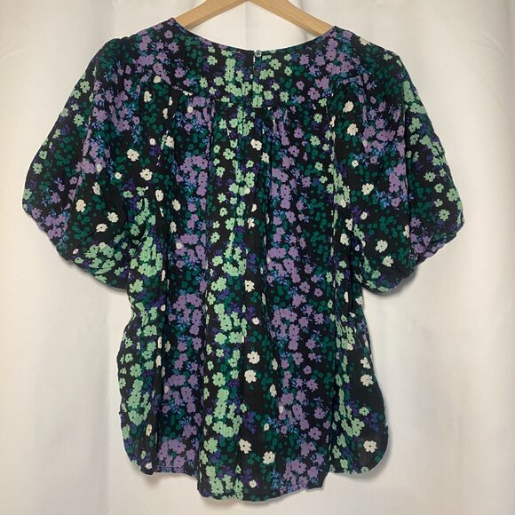 Loft Floral Purple Aqua Black Balloon Sleeve Smocked Womens M Blouse Office EUC - Picture 2 of 7